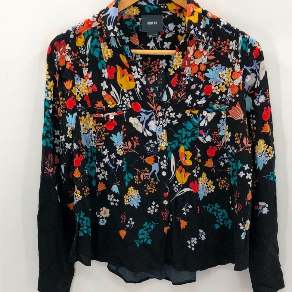 Maeve Women’s Multicolor Floral Long Sleeve Button Front Blouse Top Size 4